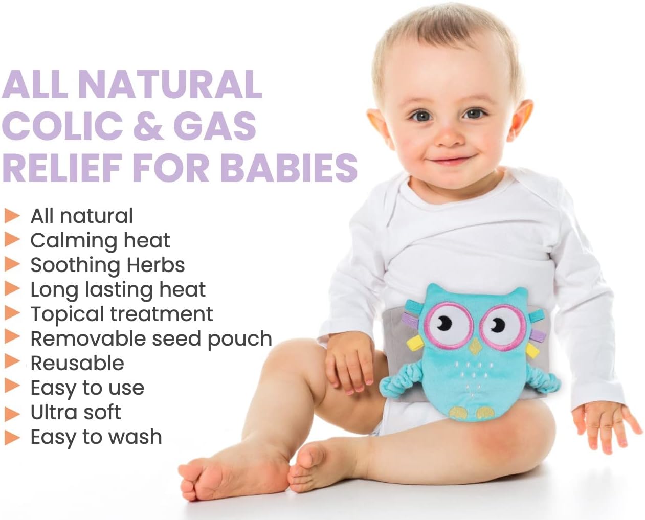 Superse Colic and Gas Relief for Newborns - Colic Calm Baby Heating Pad Belly Band for Upset Stomach and Baby Reflux - Warm Aroma Stomach Band for Fussy Infant Gas with Washcloth (Blue owl) - Image 4